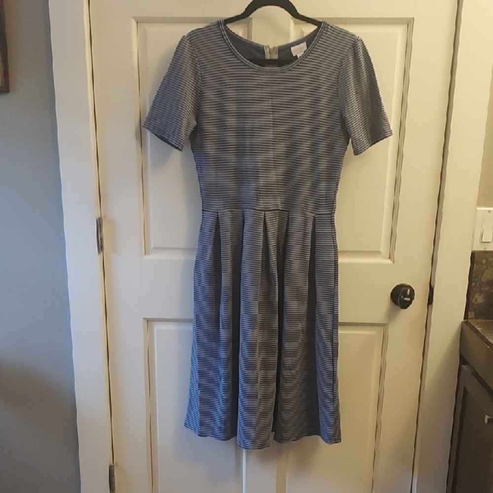 LuLaRoe Blue and White A-Line Midi Dress Crew Neck